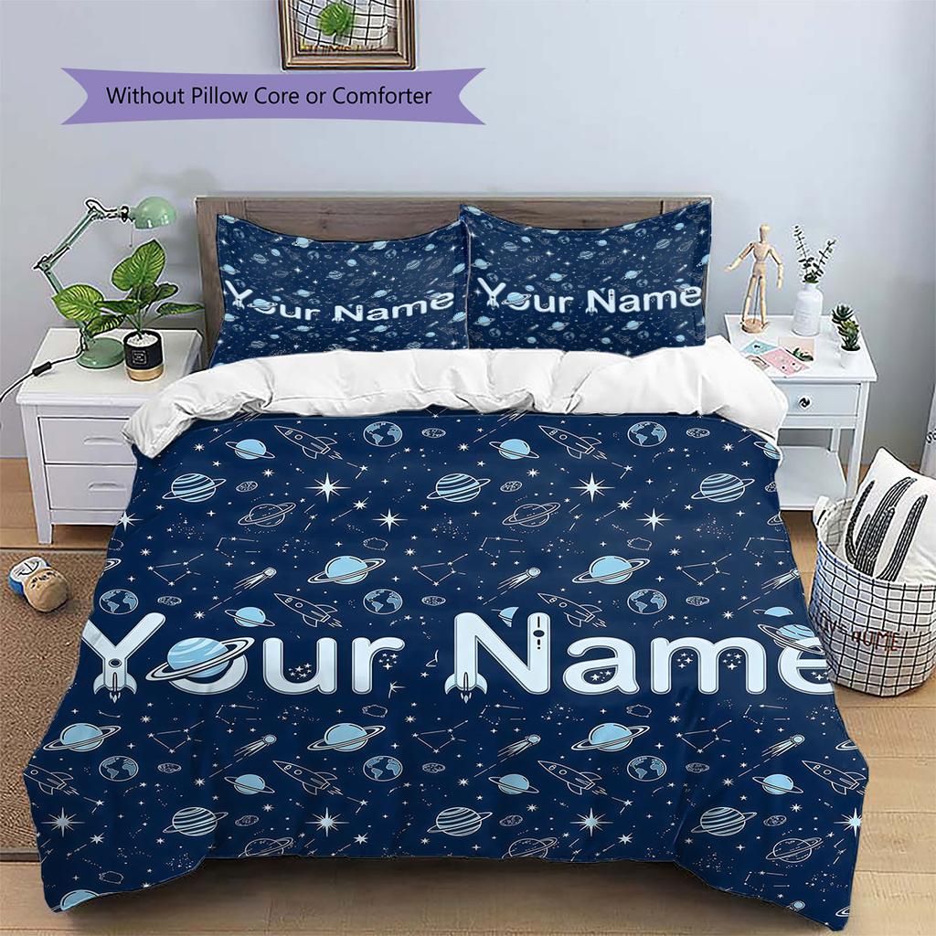 Custom Name,Cartoon Space Astronaut Planet Pattern Bedding Home Decoration Birthday Gift ( 1 duvet cover + 2 pillowcase, without core),fan merchandise