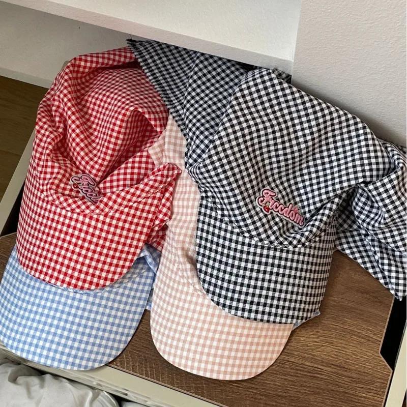 Мятно-зеленые клетчатые шапки-косынки с ремешком для женщин, летние солнцезащитные шапки для путешествий, универсальные модные солнцезащитные шляпы с наклейками