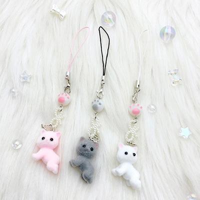 Y2K мультфильм Flocking Cat мобильный телефон шнурок милый кот телефон брелок кулон сотовый телефон ремешок наушники камера цепочка