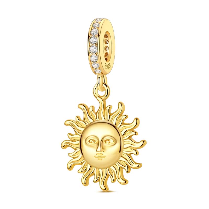 925 Silver Golden Series Charms Bead with CZ Zircon Whale Butterfly Sun Pendant for DIY Fashion Jewelry Bracelet