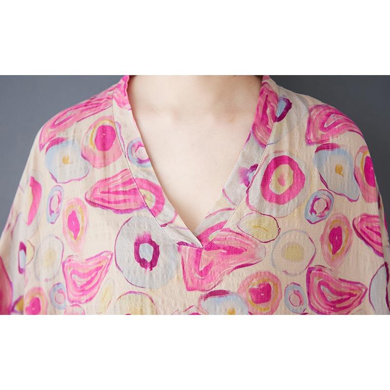 Dimanaf 2025 Summer Women Printing Linen Plus Size Long Dress Short Sleeve Vintage Casual V-Neck Basic Loose Dress