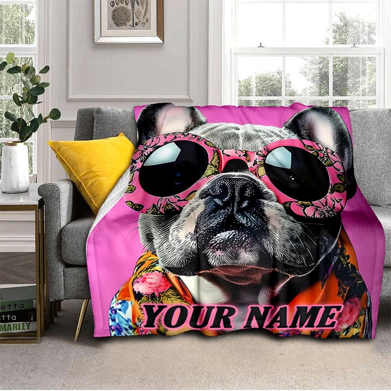 1PC Custom Name Frenchie Floral Sunglasses outdooor Flannel blankets Throw Blanket All-Season Throw Gift Bedspread for Couch, Bed, Camping Holiday Bir