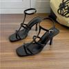 Fashion High-heeled Sandals Women's 2025 Versatile Ice-through Nude One-word Strap Sandals Summer Square-heeled High Heels Women