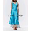 Spring New Women's Clothing British Style V Neck Silk Satin Texture Sleeveless Sling Midi Skirt Dress 2770399