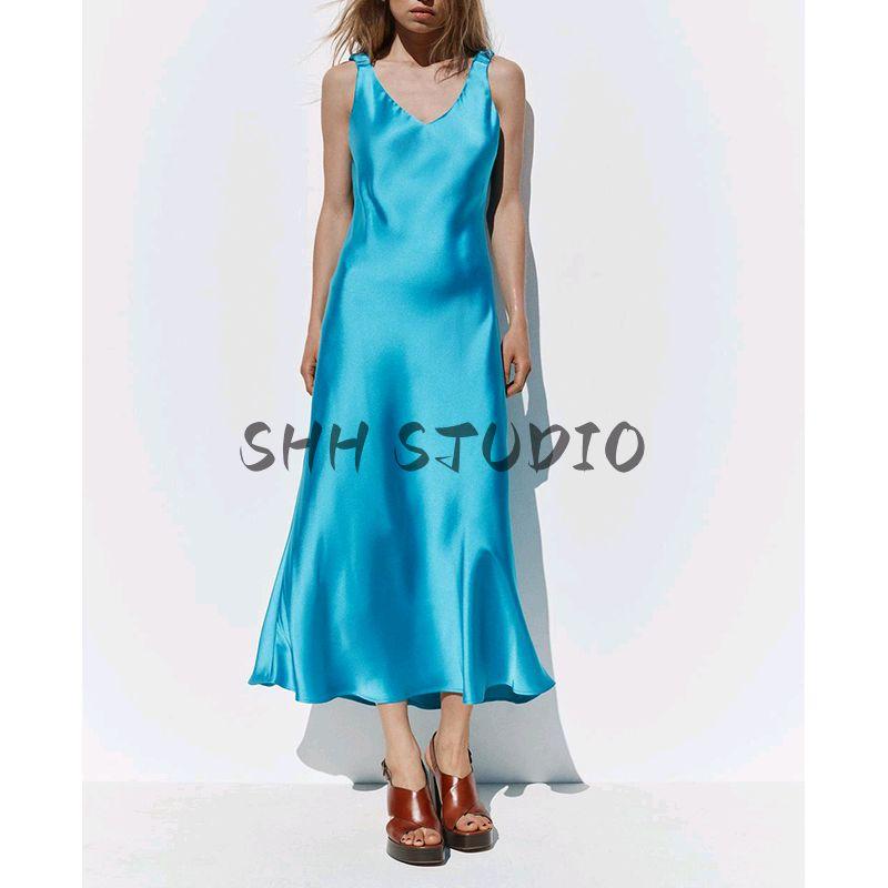 Spring New Women's Clothing British Style V Neck Silk Satin Texture Sleeveless Sling Midi Skirt Dress 2770399