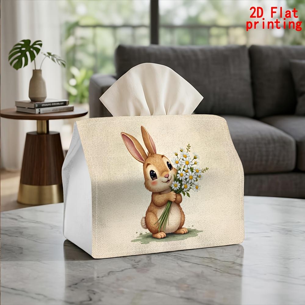 2D Flat 1pc, Tissue Box. Rabbit Bouquet Pattern Napkin Paper Dispenser, Reusable, Daily Desktop Tissue Storage Box, Suitable for Kitchen Living Room B