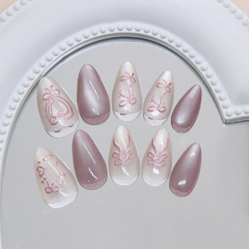 Three-dimensional cat's eye mashed taro sweetheart bow gentle, wind removable manicure 30 pieces press on nails