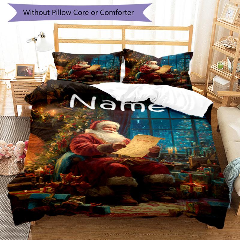 3pcs Custom Name Christmas Santa Claus Bedding Set Duvet Cover Closure Includes 1 Duvet Cover & 2 Pillowcases, Soft and Comfortable for All Seasons.