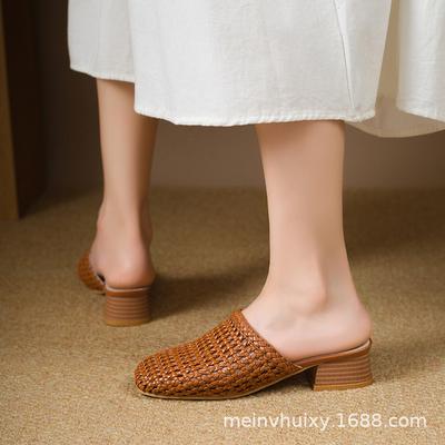 Плетеная ажурная сумка, сандалии с квадратным носком, женские новые модные дышащие, средний толстый каблук, пустые шлепанцы