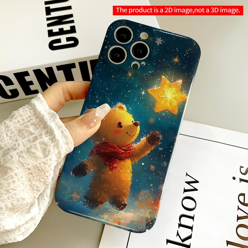 2DFlat Star-Gazing Bear in Snowy Night All inclusive film hard phone case, compatible with iPhone 18 Pro Max 17 16 15 14 13 12 11
