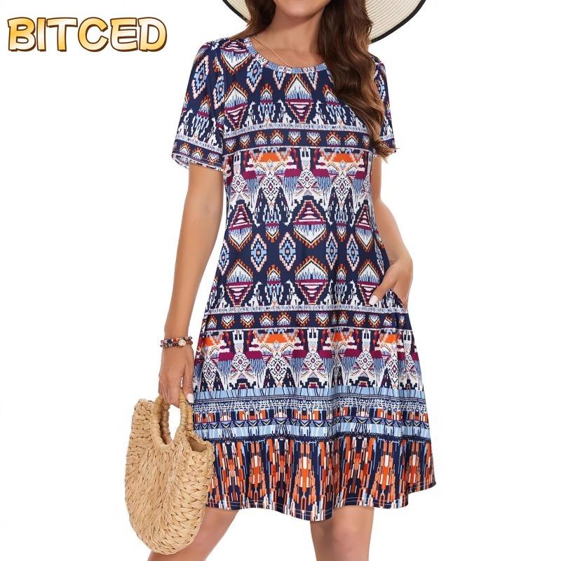 BITCED Модные летние весенние платья с коротким рукавом и круглым вырезом, повседневные