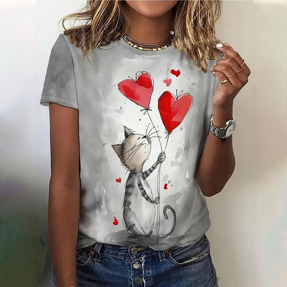 Женская мода 3D абстрактный рисунок кошки напечатаны короткие рукава топы 2024 новая женская одежда футболки летние свободные блузки и футболки