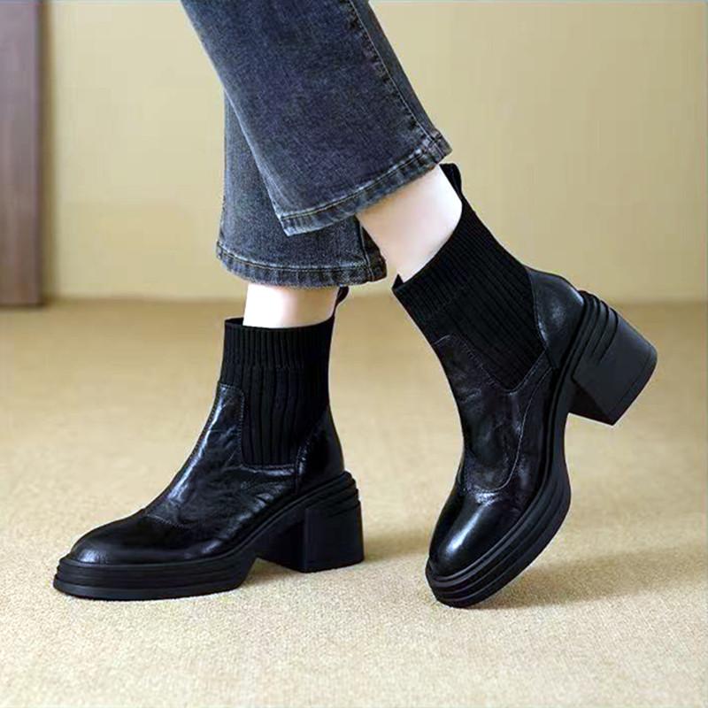 Fashion 2026 Winter Knitted Stretch Boots Women Luxury Genuine Leather Splicing Design Ankle Boots Comfortable Warm Sock Botas for Women
