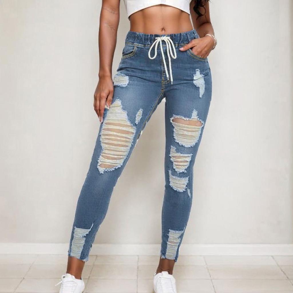 Women's Skinny Ripped Trendy Jeans Distressed Stretchy Denim Pants Elastic Waist Drawstring Denim Trousers