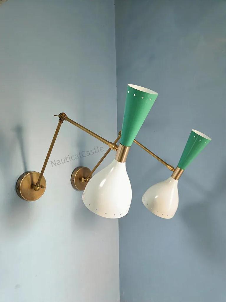 Mid Century Italian Brass Diabolo Wall Sconce Pair: Mint Green & White