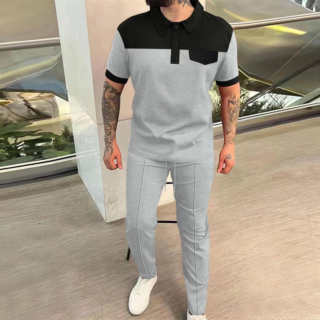 Мужской повседневный комплект из двух предметов с коротким рукавом и вафельным узором, брюки полной длины, 2025