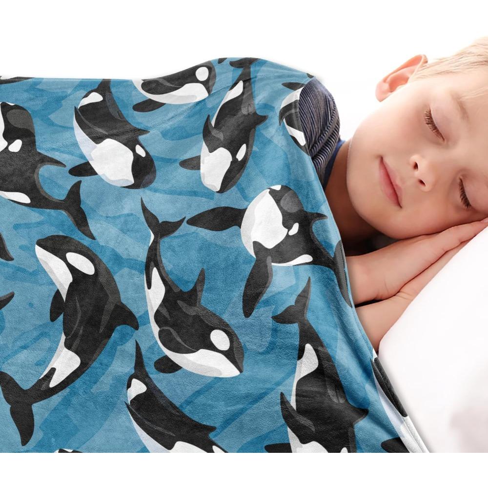 Orca Killer Whale Flannel Throw Blanket Blue Ocean Underwater Animal Pattern Kids Soft Cozy Throw Blanket