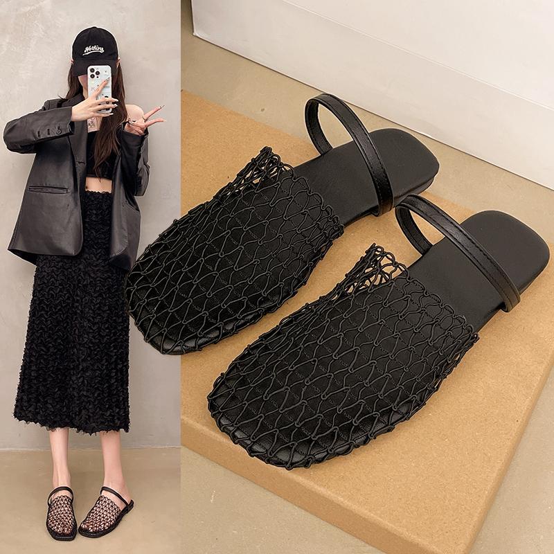 Summer Mesh Hollow Out Baotou Flat Sandals Women Solid Color Back Strap Casual Sandalias Outdoor Vacation Beach Shoes 2025