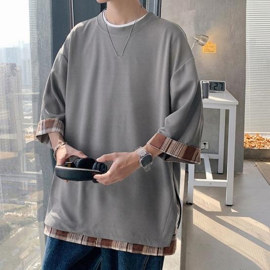 Летняя мужская футболка с круглым вырезом, свободная, искусственная, из двух частей, средней длины, сплошной цвет, плюс размер, рукава три четверти, уличная одежда, топ на открытом воздухе