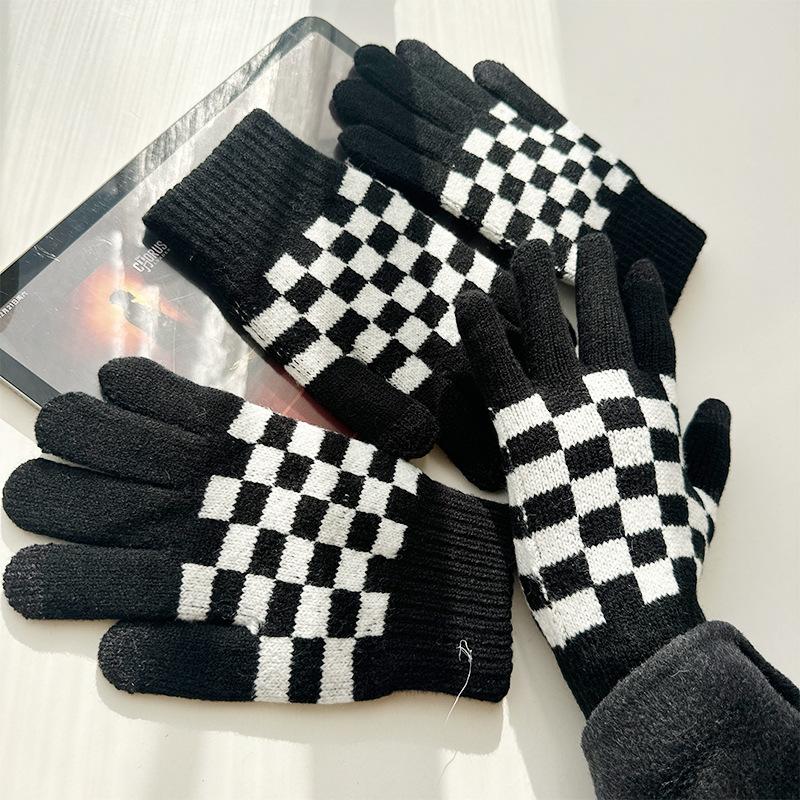 Осень и Зима Студенческие Плюшевые Перчатки в Клетку Милые Теплые Шерстяные Вязаные Перчатки Сенсорные Перчатки для Пары