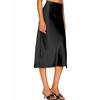 Women Summer Skirt High Waist A-Line Midi Skirt Solid Color Side Slit Design Smooth Satin Mid-calf