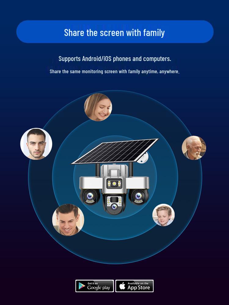 360° Cross-Border Solar-Powered PTZ Camera with Triple Ball & Screen Monitoring
