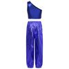 Girls Party Performance Outfit One Shoulder Sleeveless Metallic Vest Shiny Pants Dance Costume Stage Set
