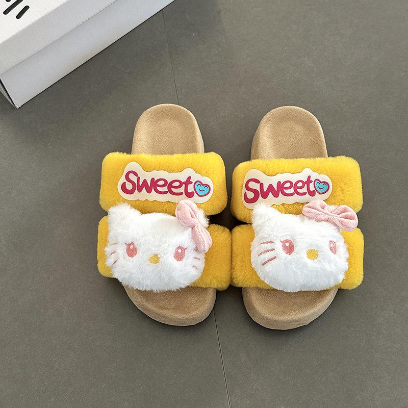 Anime Hello Kitty Lady Fluffy Slippers Autumn and Winter Cute Cartoon Home Indoor Warm One-word Baotou Cotton Mop
