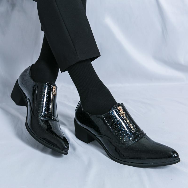 Thick Heel Men's Pointed Toe Casual Leather Shoes Male Trend High Heel Heightened Shoe Nightclub Trend Leather Heightening Shoes