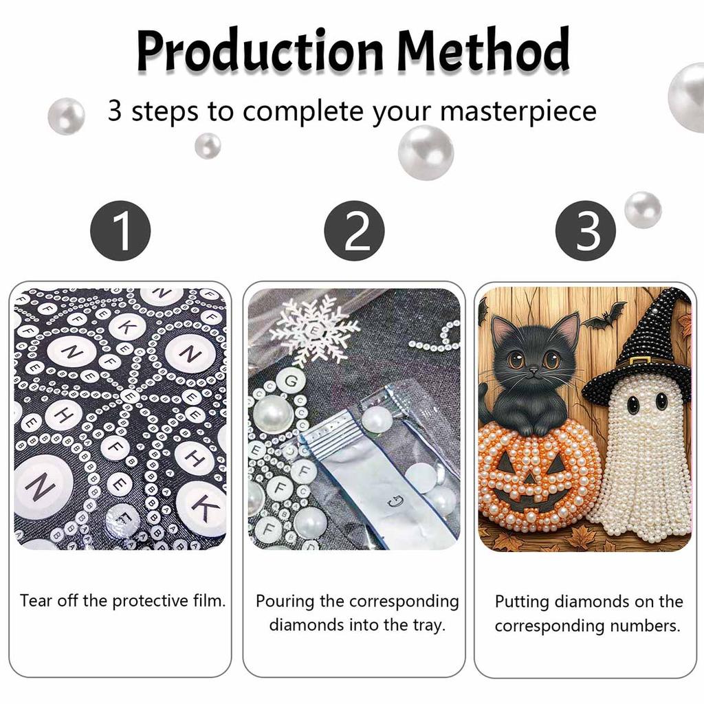 Halloween pearl painting art full pearl handmade diy home decorations cute cat pumpkin ghost black hat theme