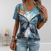 Модные блузки с принтом бабочек, футболки с коротким рукавом и V-образным вырезом, повседневные