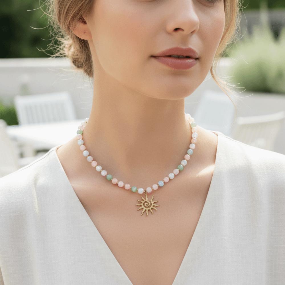 Gold Plated Beaded Bracelet Set UV Reactive Cat Eye Choker Sun Pendant Necklace Women Gift
