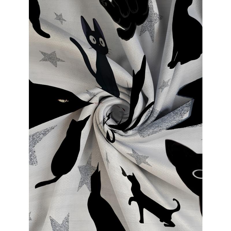 Women's Large Size Loose T-Shirt with Pockets - Full Body Black Cat and Star Print Round Neck Casual Summer Top