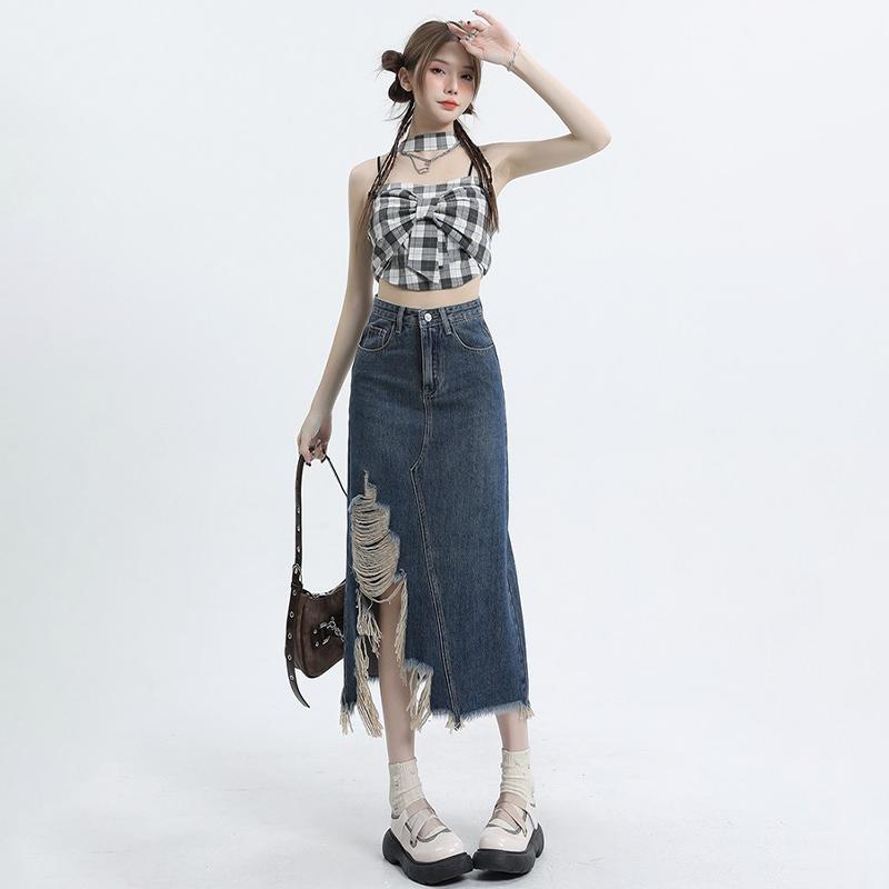 Irregular Retro Denim Midi Skirt Women Summer High Waist Slim Split A-line Skirt Female Streetwear Casual Vintage Y2K Blue