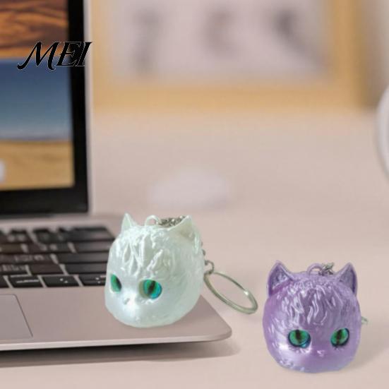 Cute Cat Head Accessory 3D Printed Keychain, Kawaii Kitten Bag Charm with Pearlescent Finish & Bright Green Eyes, Lightweight Animal Pendant Key Ring