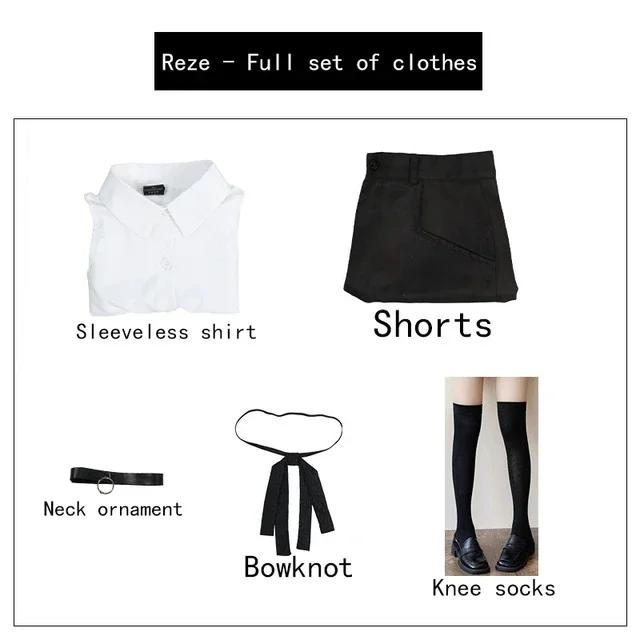 Аниме Человек-бензопила Резе Косплей Женщина-бензопила Косплей Костюм Бомба Наряды Рубашка Галстук Короткая Шея Парик Резе Одежда на Хэллоуин