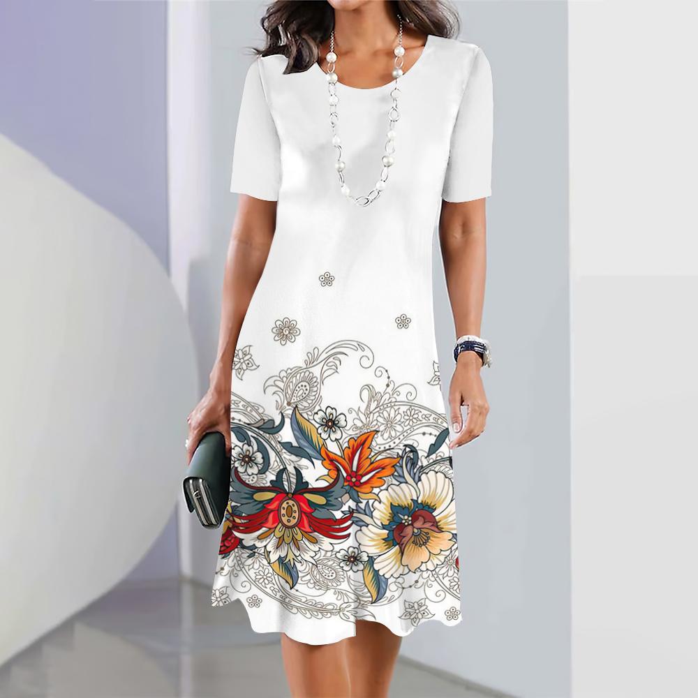 New Luxury Ethnic Printed Dress, Women's Elegant Mid-length Dress, Summer Women's Short-sleeve Dress, Fashionable Loose Style.