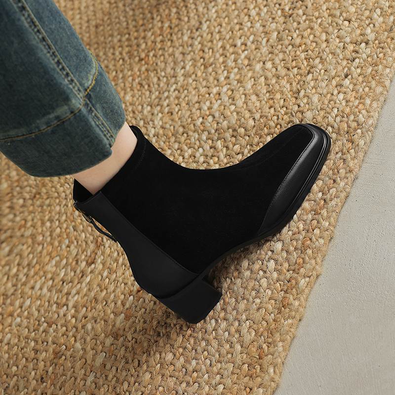 Krazing Pot Cow Suede Nubuck Autumn Winter Shoes Thick Heels Size 42 Square Toe Zipper Vintage Ankle Boots