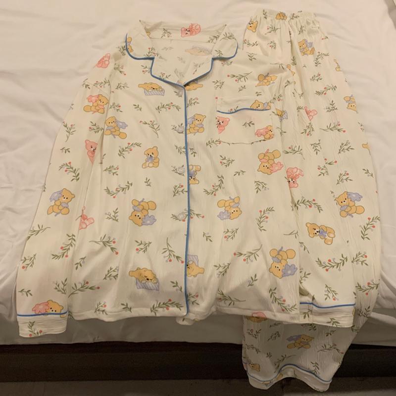 Женская пижама с принтом медведя в стиле Харадзюку, милый мультяшный пижамный комплект для женщин, повседневная домашняя одежда в Корейском стиле