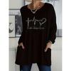 Plus Size Women's Casual Long Sleeve T-Shirt - Heart Rhinestone Design, Side Pockets, Stretch Fabric Crew Neck Top