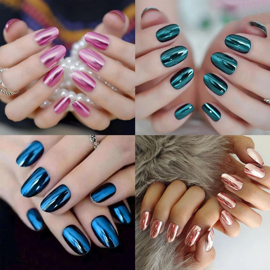 4 Packs/ 96 Pcs Press On NailsLong Oval Mirror Effect Solid Color False Nails, Chrome Fake Nails With Mini Files Jelly Tabs Sticks