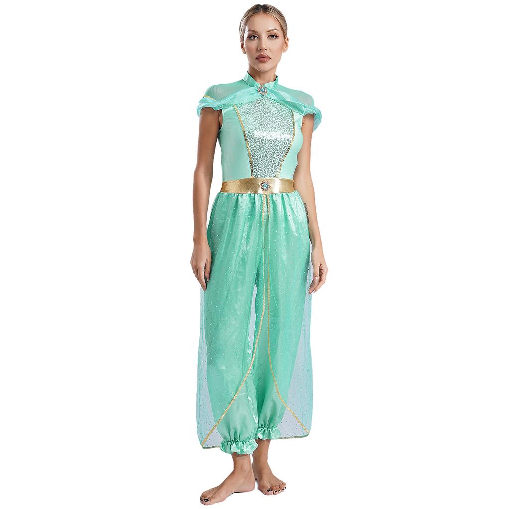 Женский комбинезон арабской принцессы, украшенный драгоценностями, с блестящей накидкой, цельный ромпер, костюм для танца живота на Хэллоуин