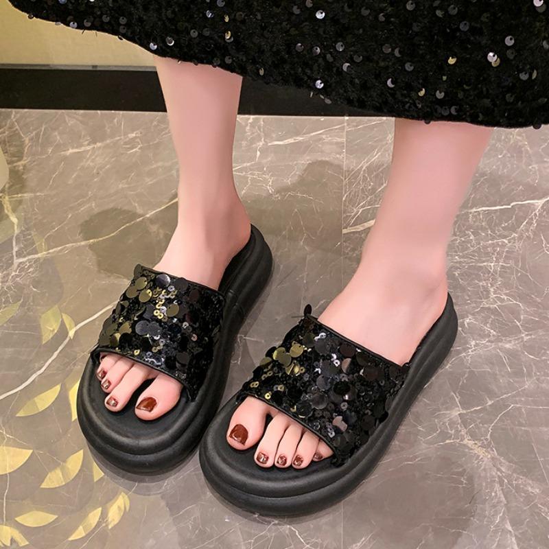 Женские тапочки, элегантные однотонные дизайнерские сандалии с открытым носком и пайетками, женские летние шлепанцы на толстой подошве для отдыха на пляже