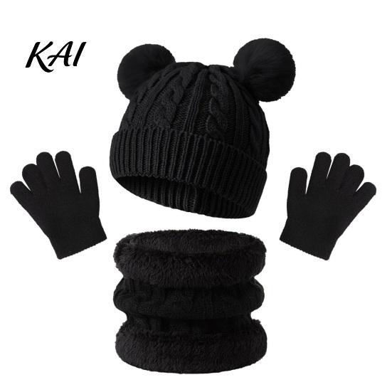 Thermal Fleece Lined Winter Accessories Kids Warm Knit Set, Bear Ear Hat, Neck Gaiter & Soft Acrylic Gear for Children Full Finger Gloves, Thick Cold