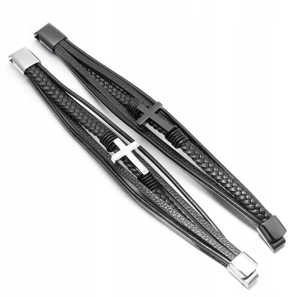 Men's Black Leather Bracelet Braided Silver Cross Surgical Steel