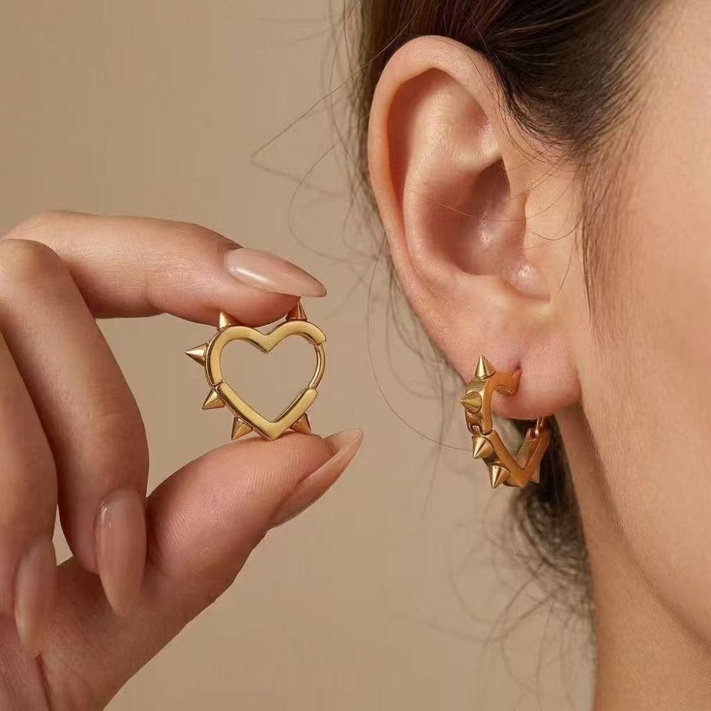 Geometric Design Heart Hoop Earrings Silver Color Rivet Earrings Cool Piercing Earrings  For Women