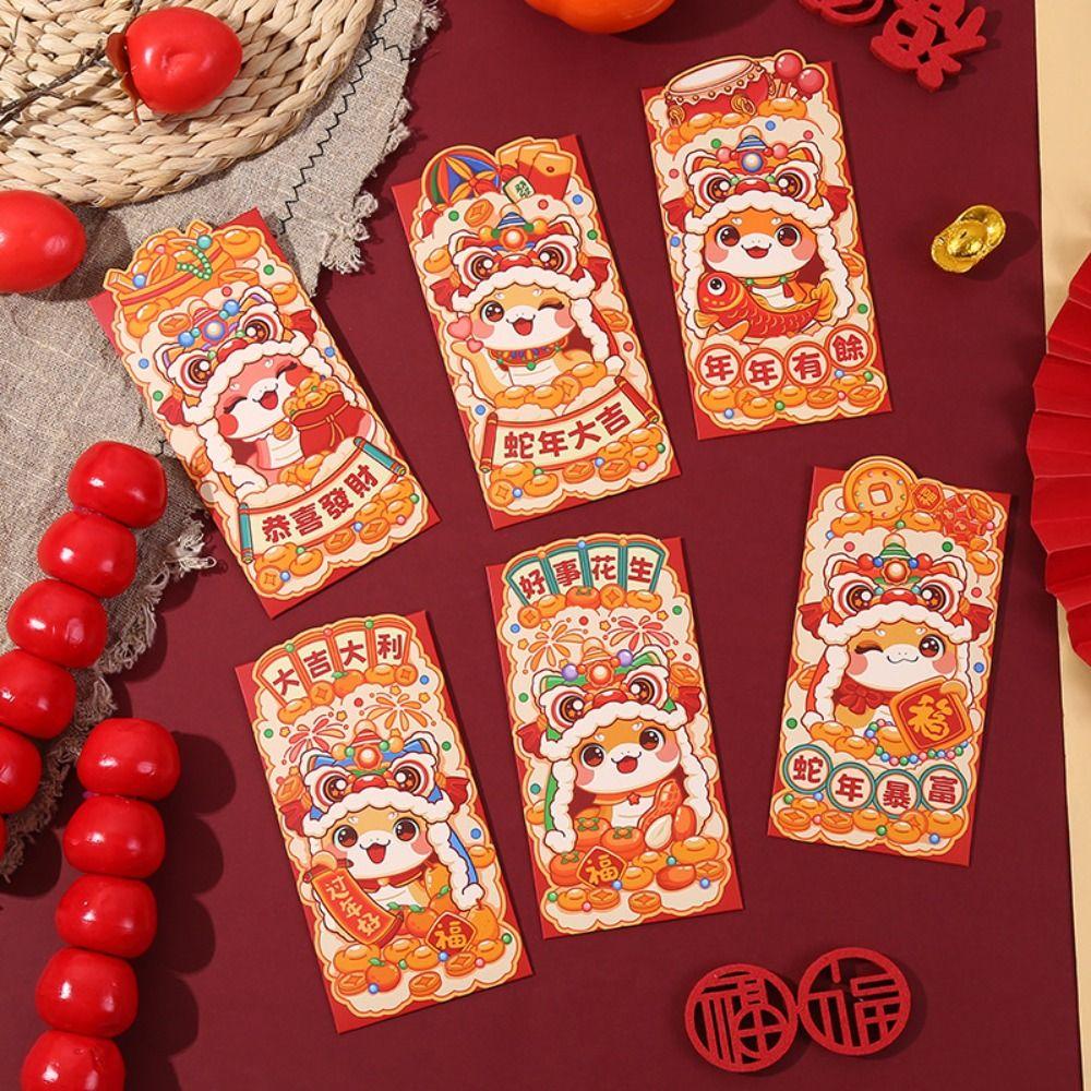 6pcs Traditional 2025 Snake Year Red Envelopes Cartoon Lucky Money Bag Graduation