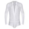 Men Latin Dance Leotard Mesh Long Sleeve Deep V Neck Velvet Shiny Rhinestones Bodysuit