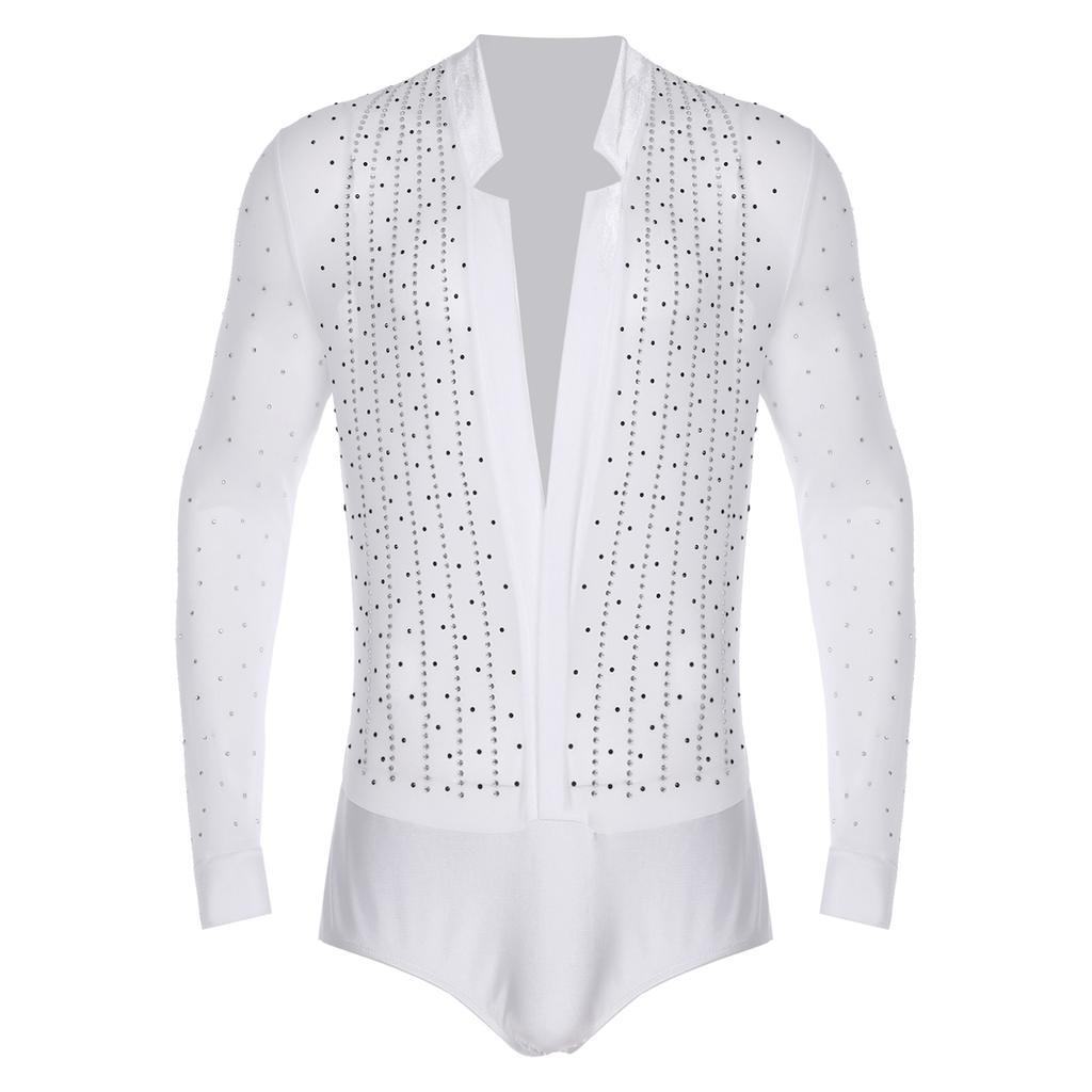 Men Latin Dance Leotard Mesh Long Sleeve Deep V Neck Velvet Shiny Rhinestones Bodysuit