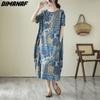 2023 Платье больших размеров, летнее женское льняное платье с цветочным принтом, свободное пляжное повседневное винтажное платье с карманами